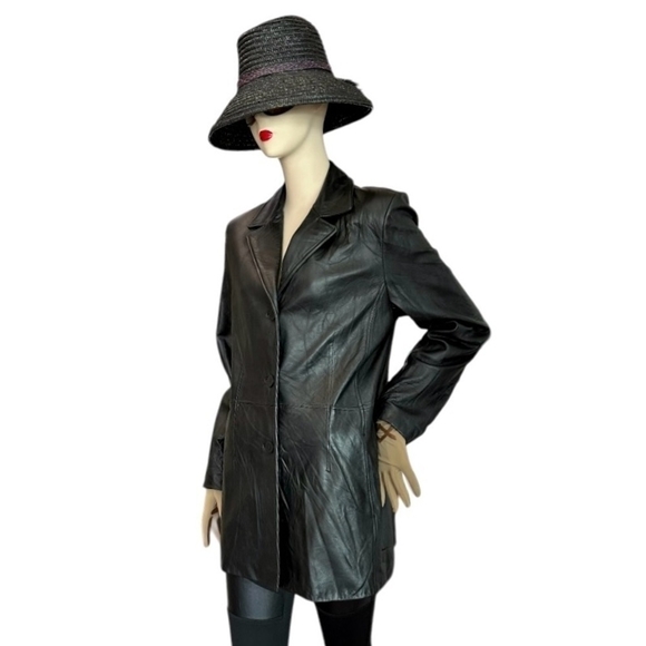 Women Jacket NINE WEST Genuine Leather Coat Black Long Sleeve Button Front Coat - Picture 4 of 10